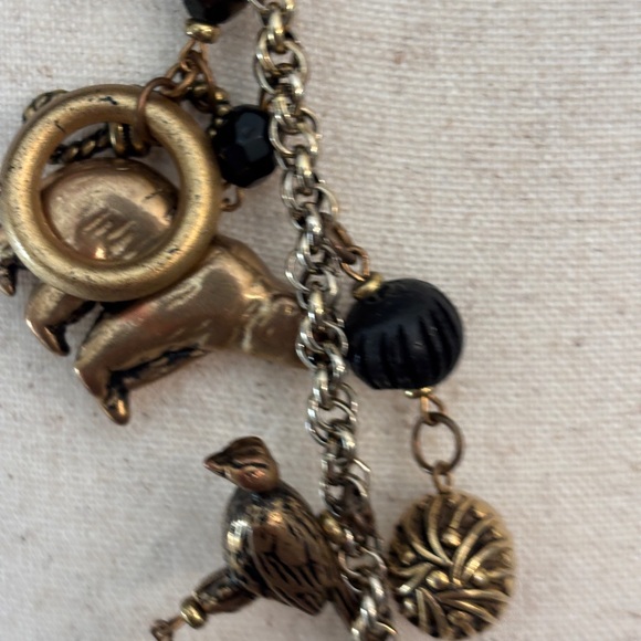 Vintage Roxanne Gold and Black Charm Long Necklace Runway Necklace Bears Fish - Picture 6 of 6